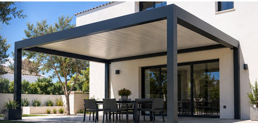 Imagen de referencia de una pérgola metálica junto a una vivienda